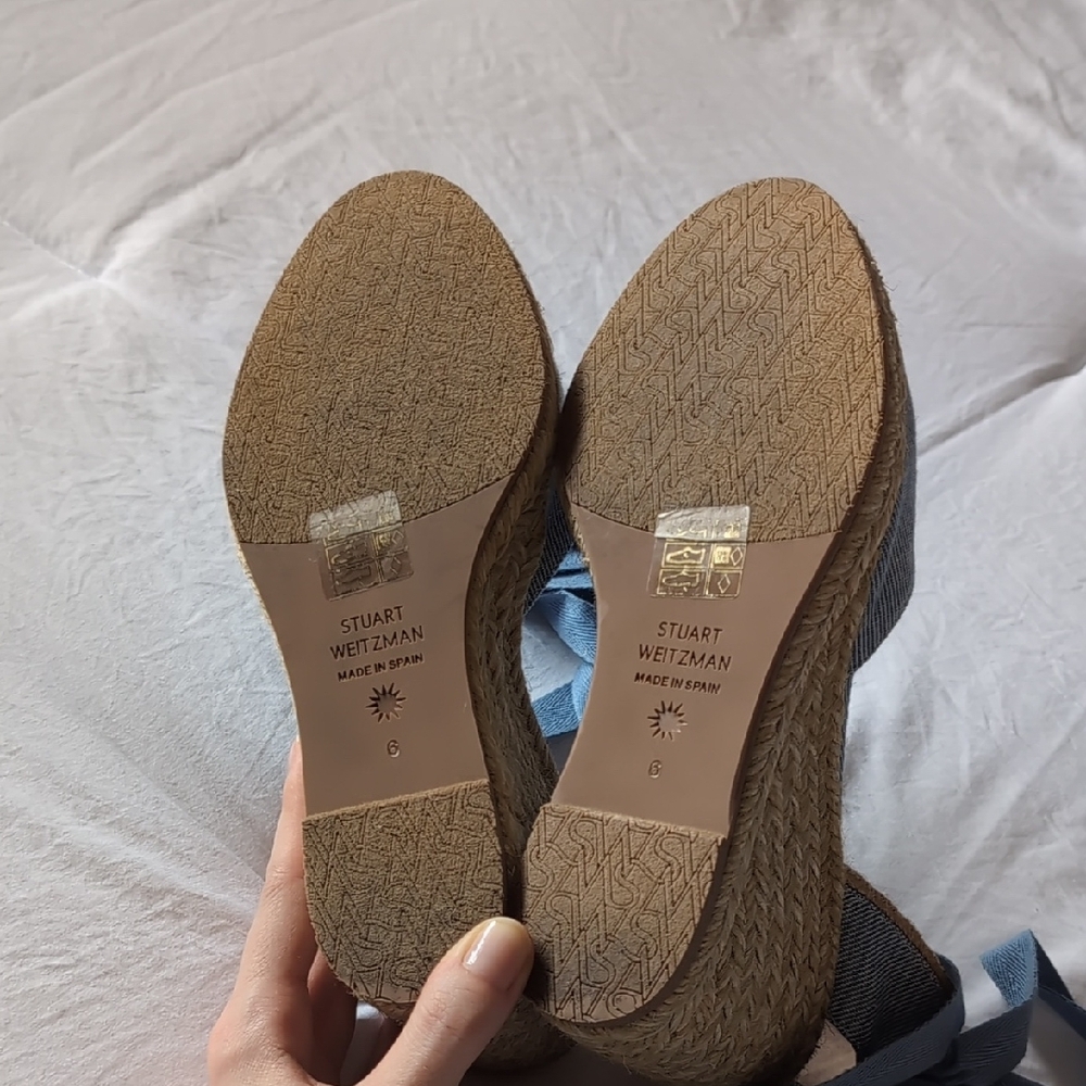 Stuart Weitzman Light Blue Denim Espadrille Wedge Sandals with Ankle Wraps - Picture 5 of 8